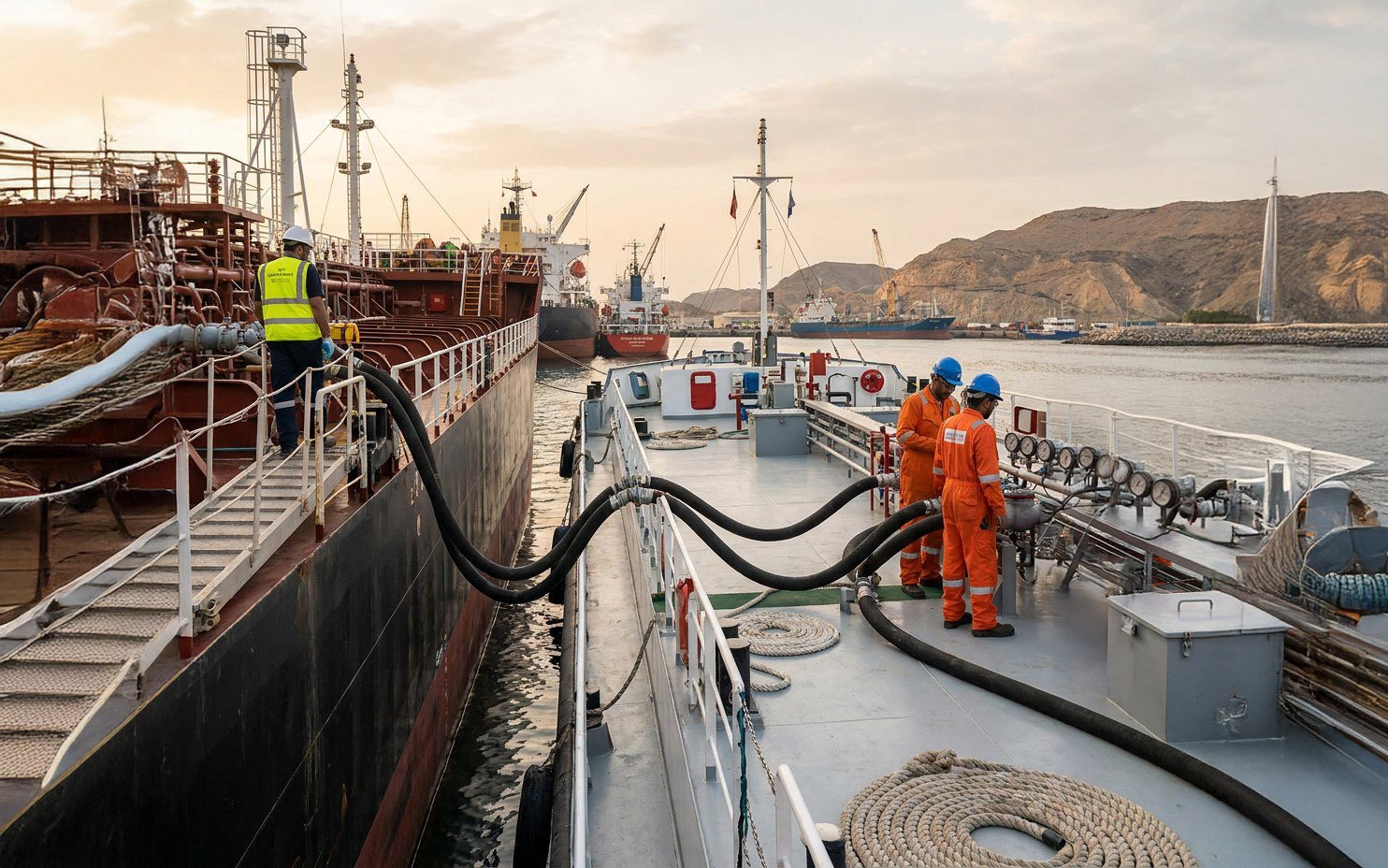 Crew handling bunker hoses on a jetty