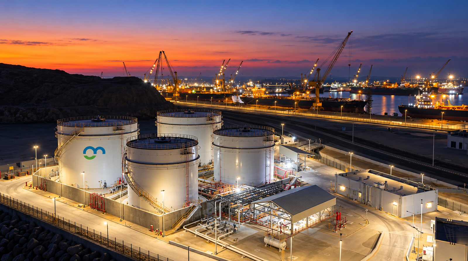 Aerial view of the Duqm Bunker Terminal: four storage tanks, the jetty and the Arabian Sea