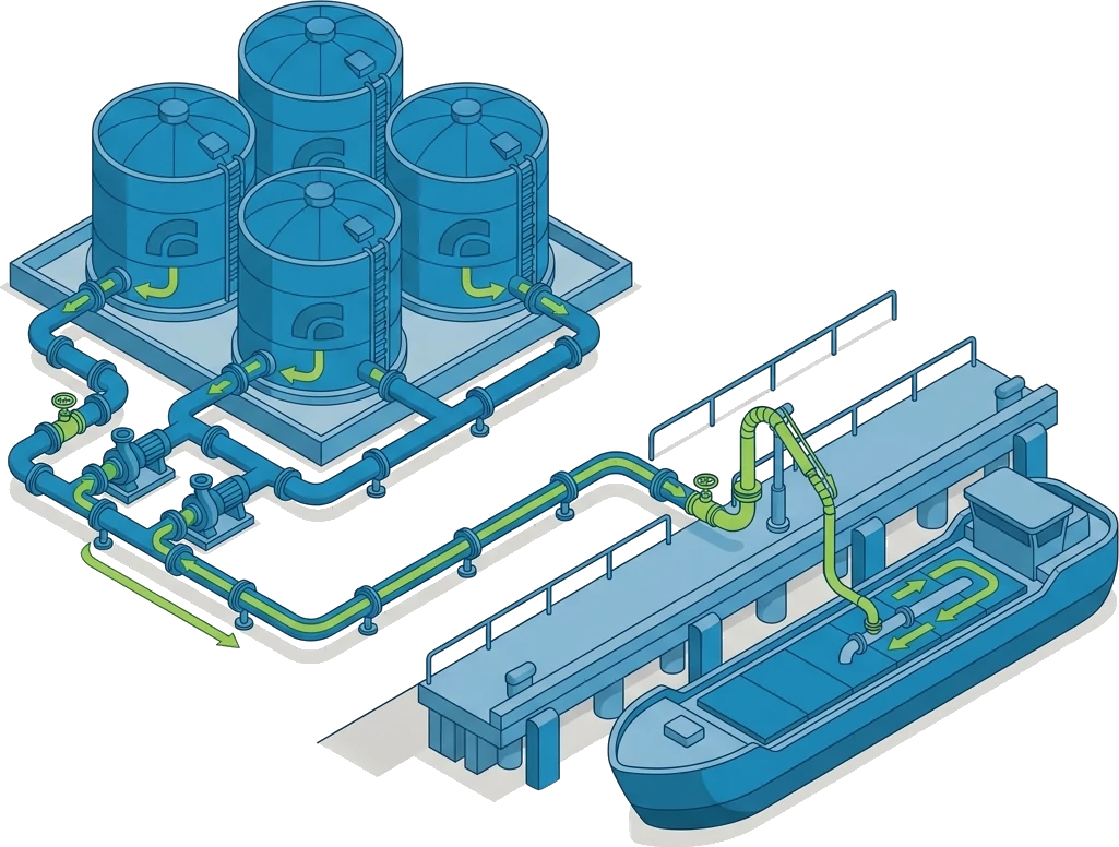 Illustrative schematic of the Duqm bunker terminal: four storage tanks, the pipeline manifold and pumps, and the jetty with a barge alongside
